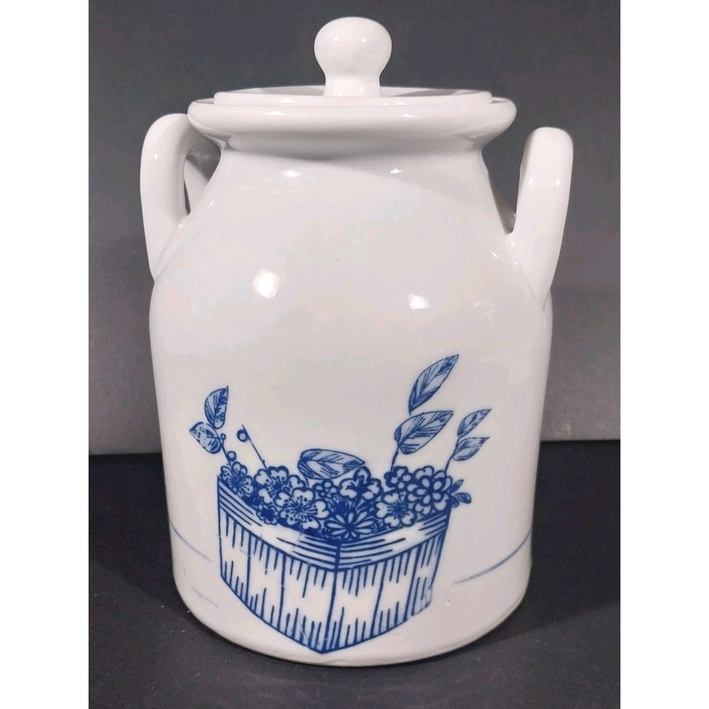Vintage White Ceramic Kitchen Crock Blue Flower Basket Pattern Double Handle